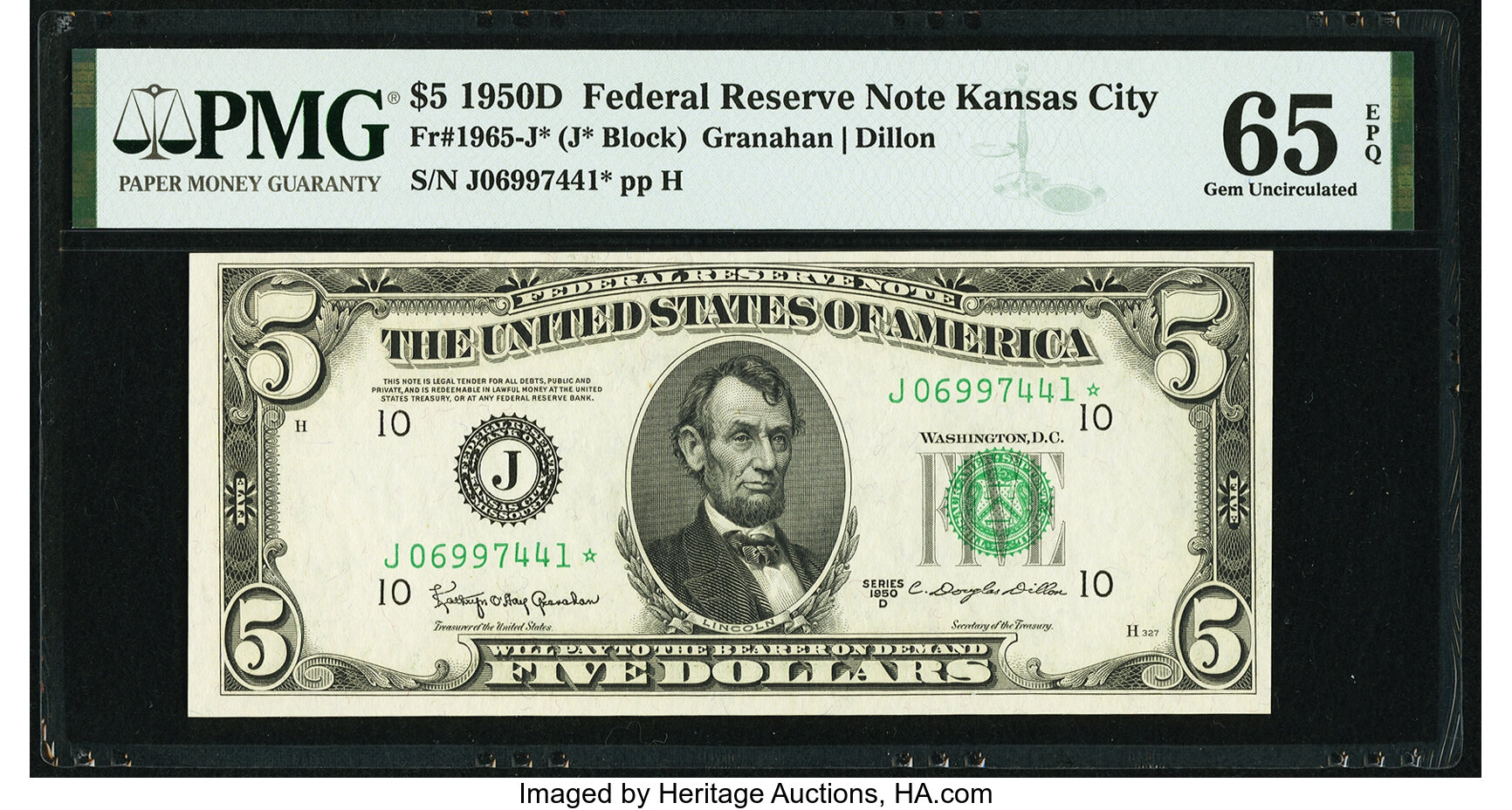image for: Fr. 1965-J* $5 1950D Federal Reserve Star Note. PMG Gem Uncirculated 65 EPQ....