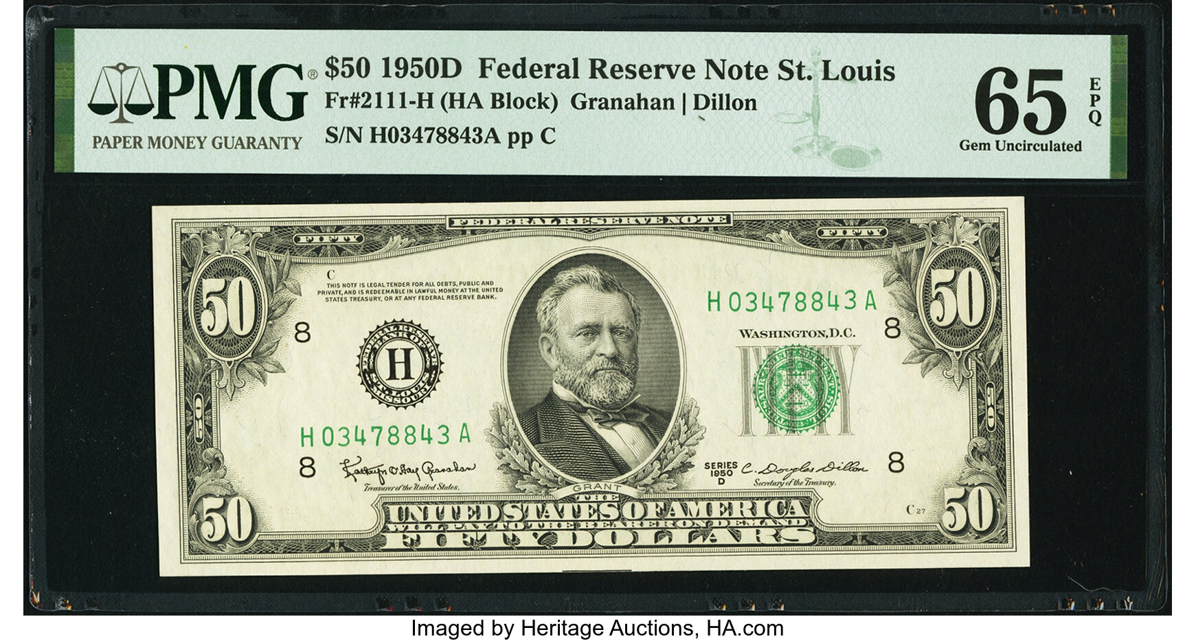 image for: Fr. 2111-H $50 1950D Federal Reserve Note. PMG Gem Uncirculated 65 EPQ....