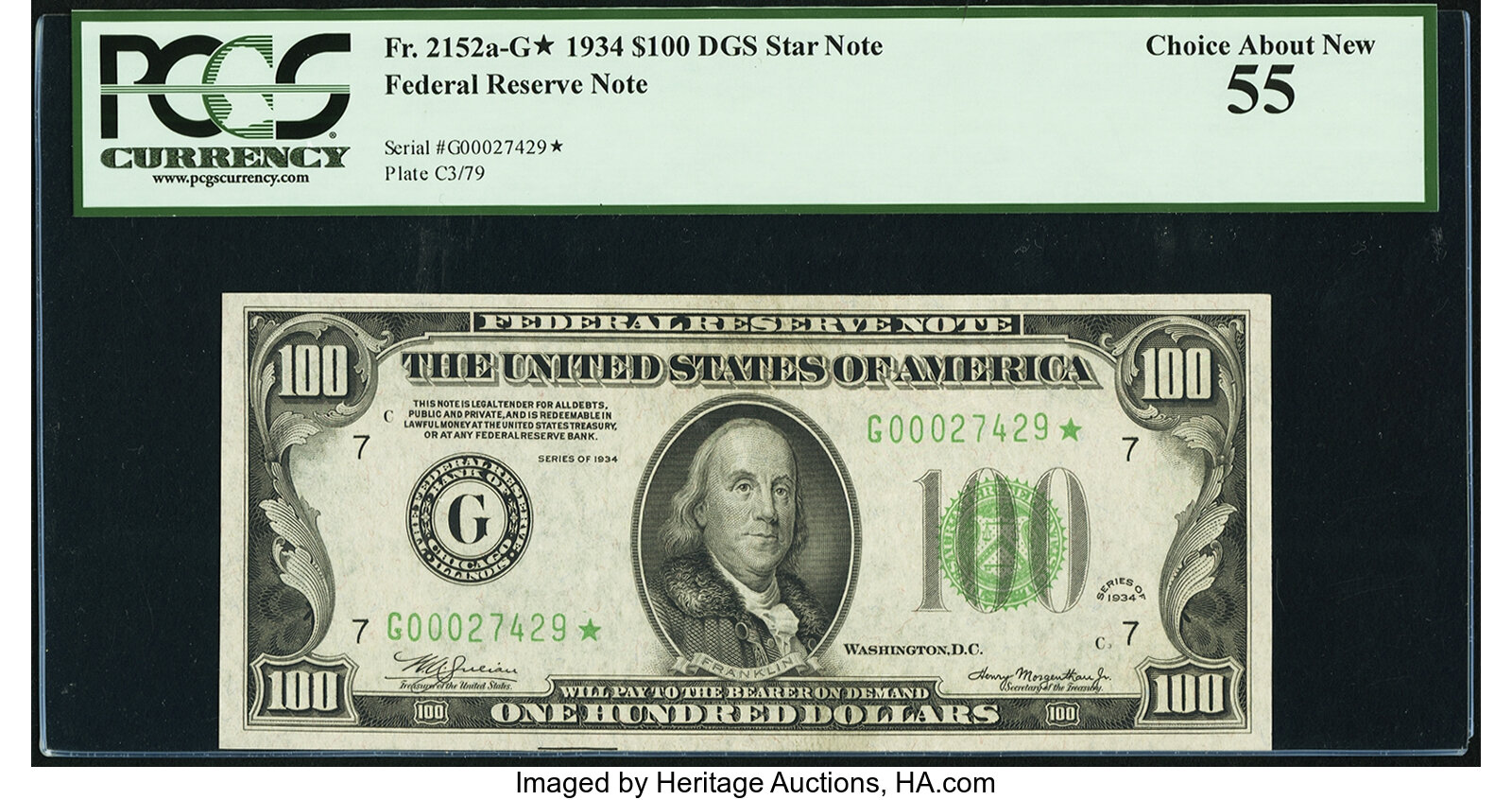 image for: Fr. 2152-G* $100 1934 Federal Reserve Star Note. PCGS Choice About New 55....