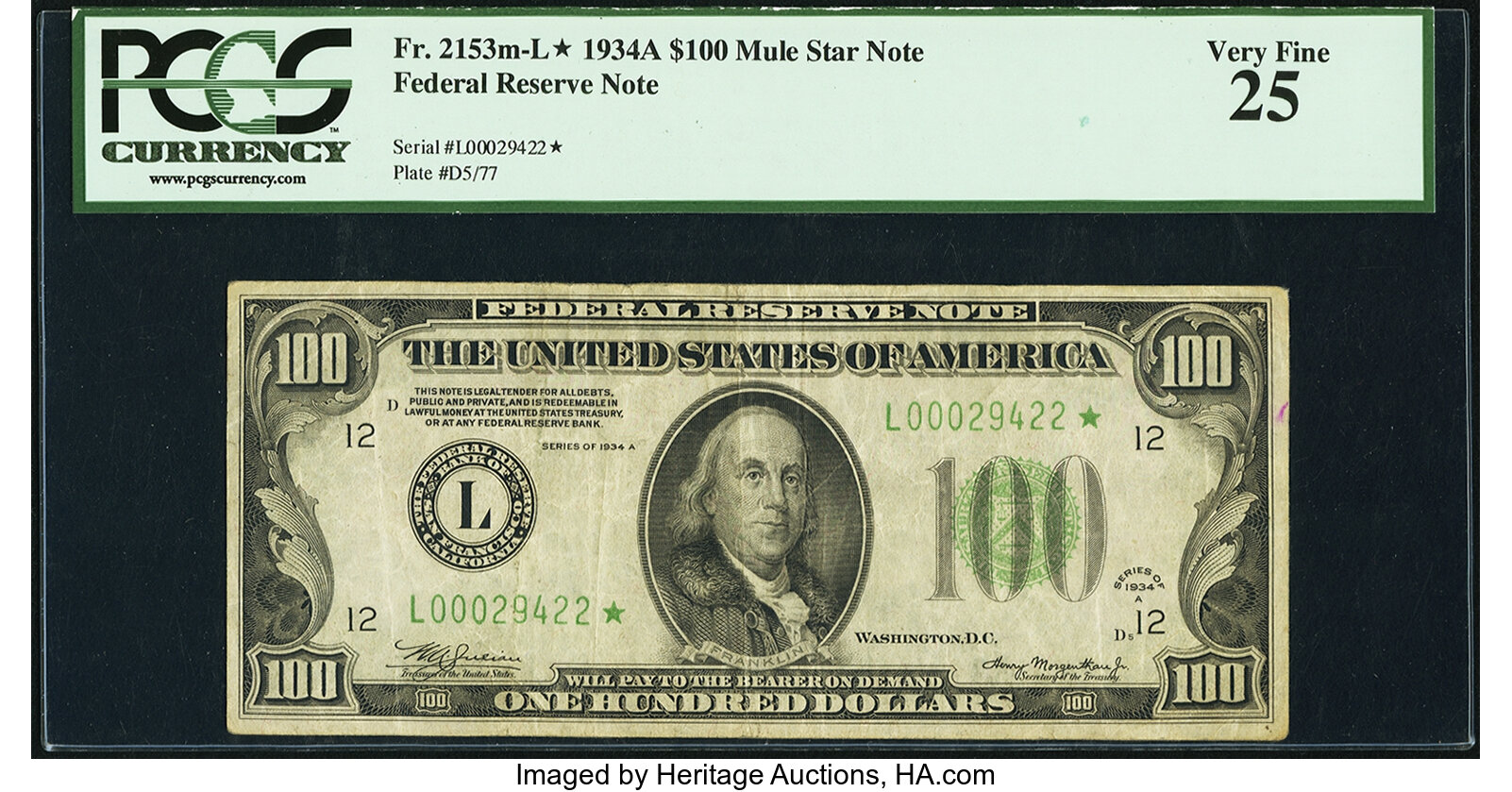 image for: Fr. 2153-L* $100 1934A Mule Federal Reserve Star Note. PCGS Very Fine 25....