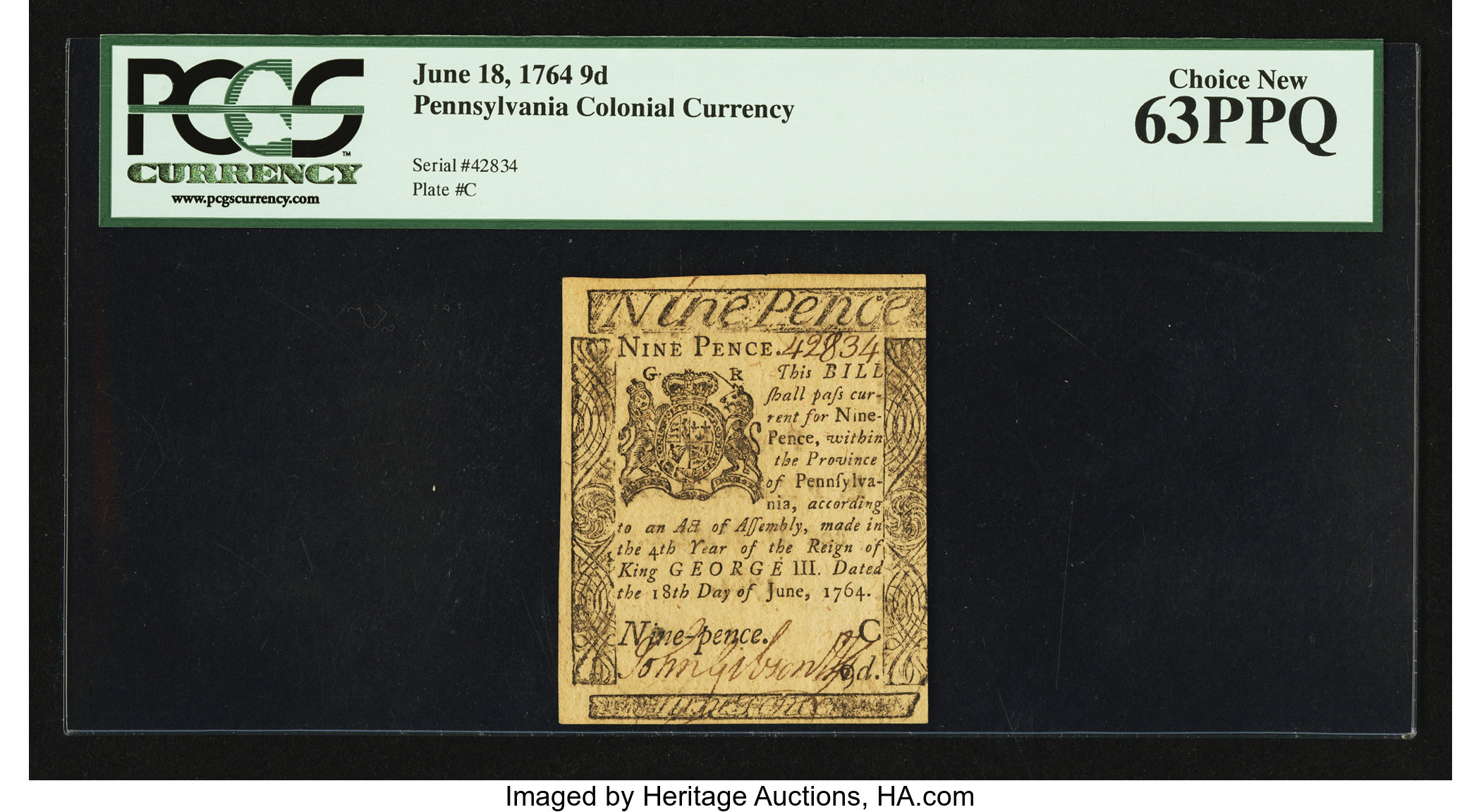 image for: Pennsylvania June 18, 1764 9d PCGS Choice New 63PPQ....