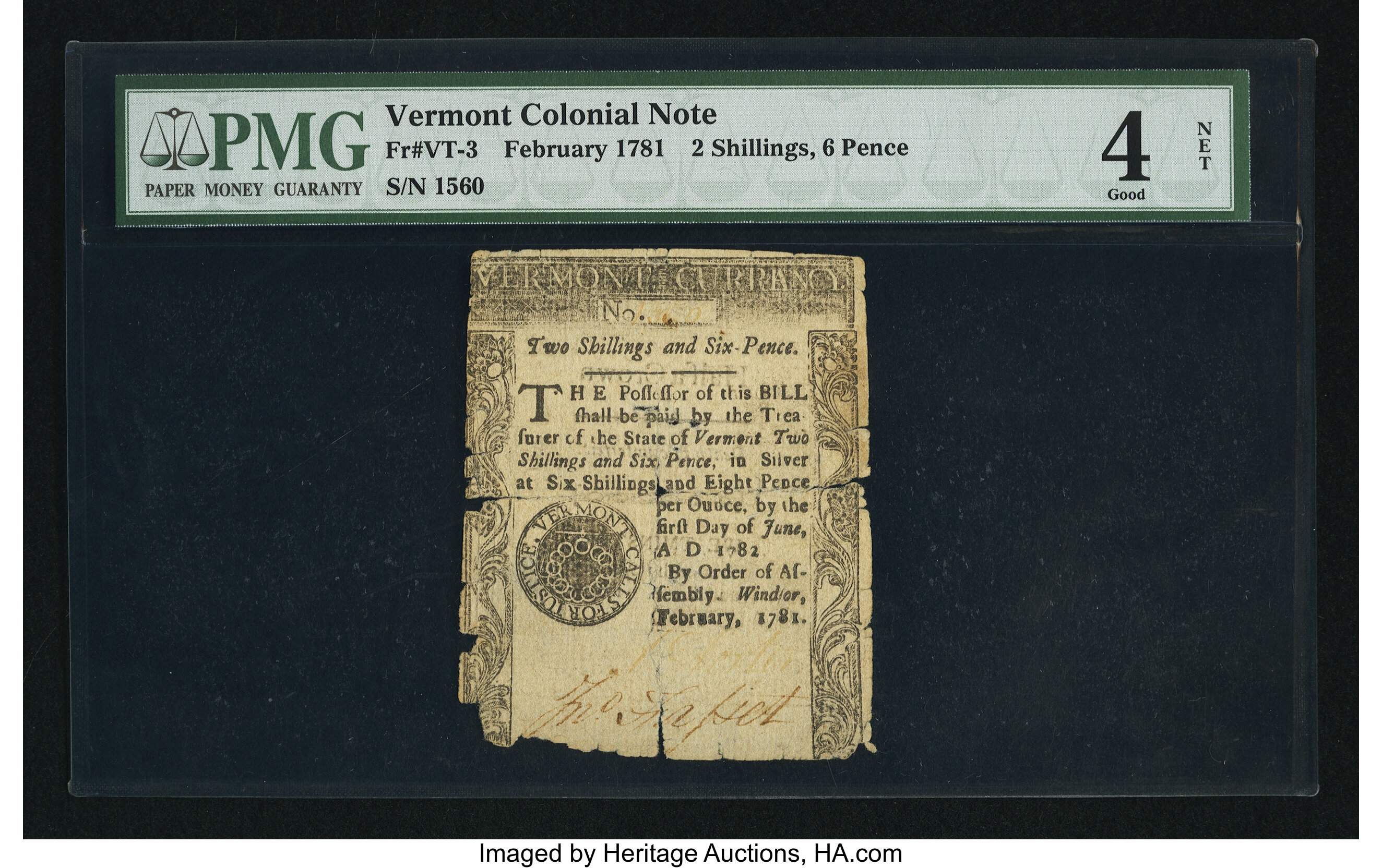 image for: Vermont February 1781 2s 6d PMG Good 4 Net....