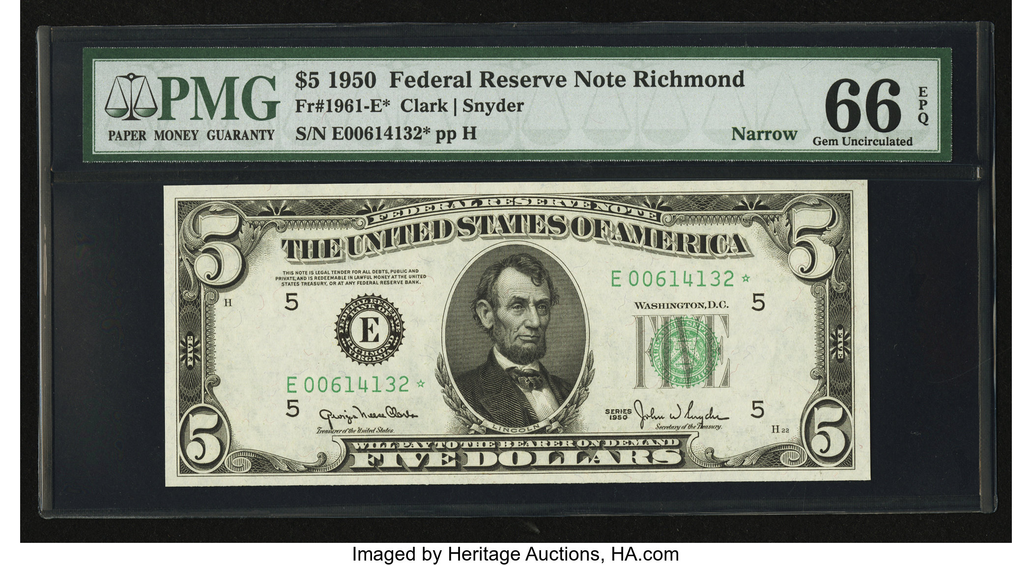 image for: Fr. 1961-E* $5 1950 Narrow Federal Reserve Note. PMG Gem Uncirculated 66 EPQ....