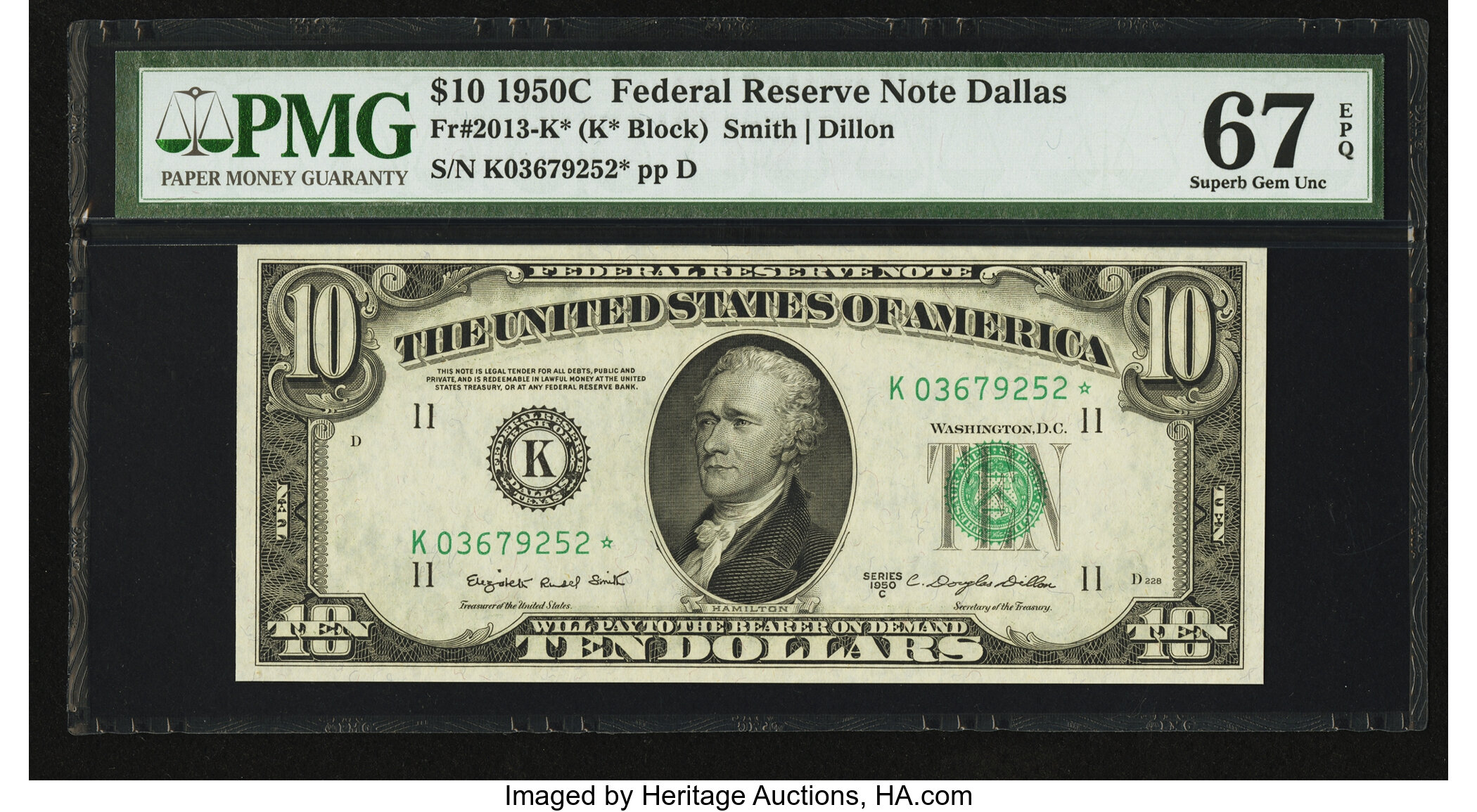 image for: Fr. 2013-K* $10 1950C Federal Reserve Note. PMG Superb Gem Unc 67 EPQ....