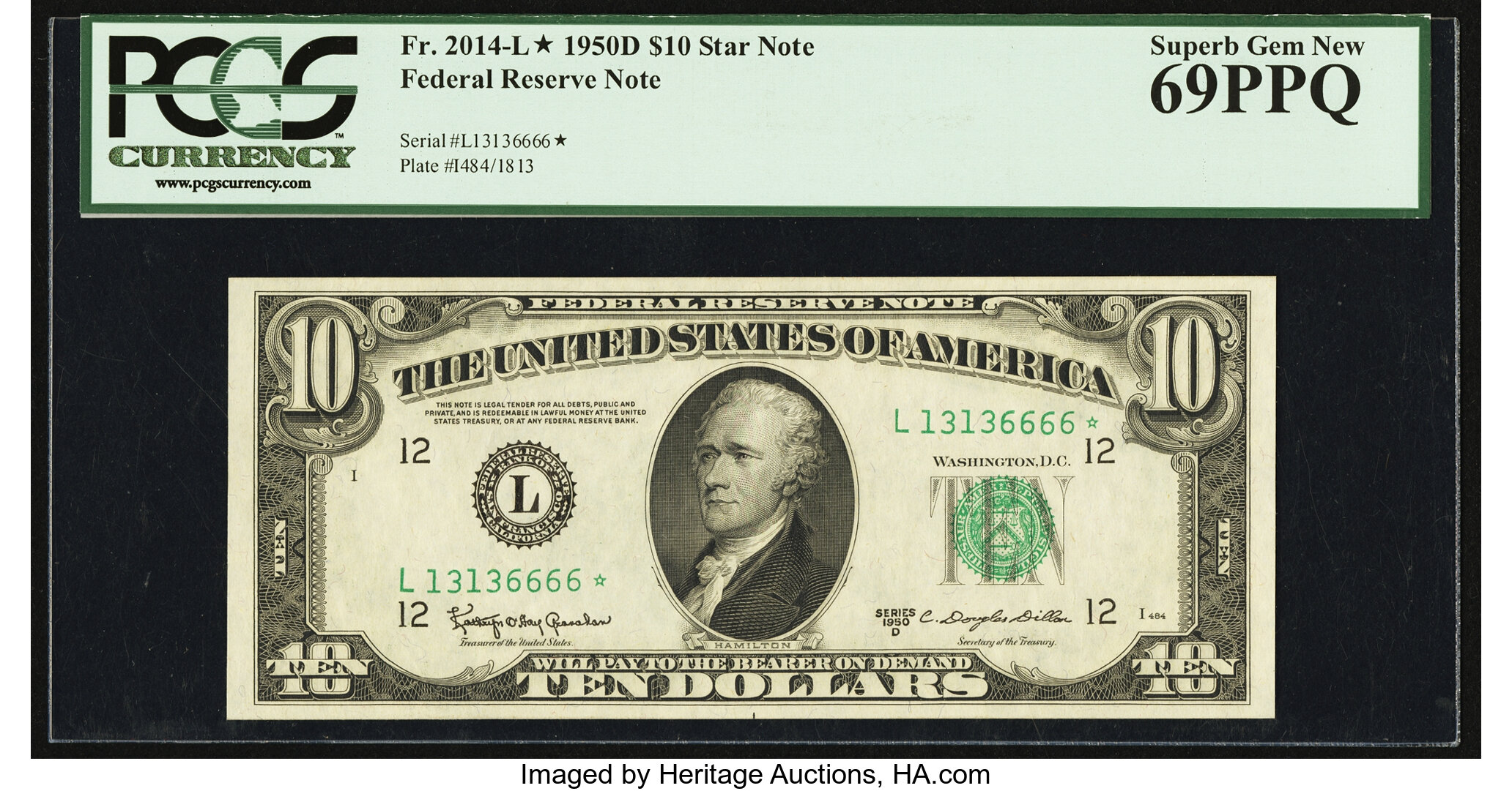 image for: Fr. 2014-L* $10 1950D Federal Reserve Note. PCGS Superb Gem New 69PPQ....