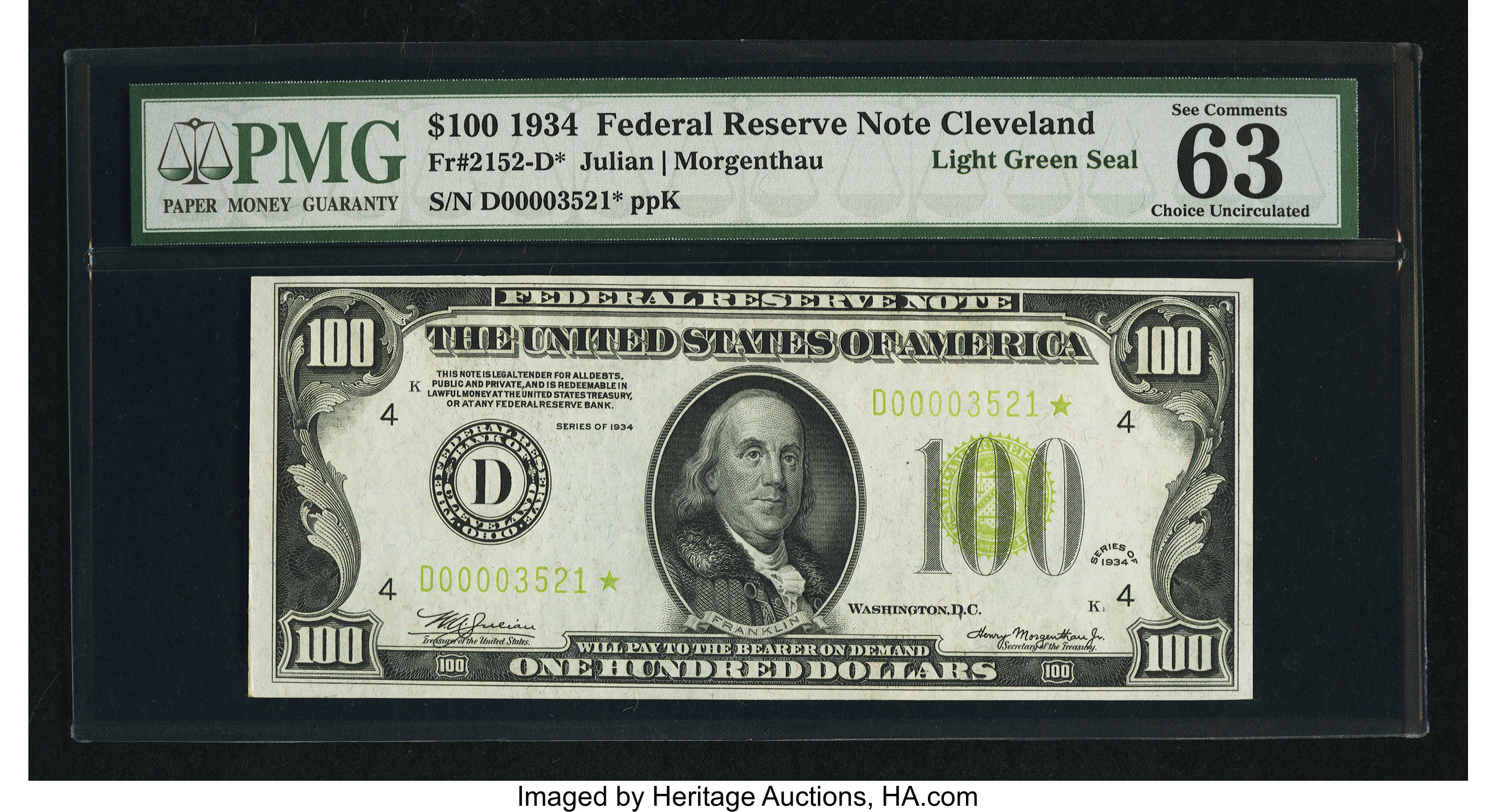 image for: Fr. 2152-D* $100 1934 Light Green Seal Federal Reserve Note. PMG Choice Uncirculated 63....