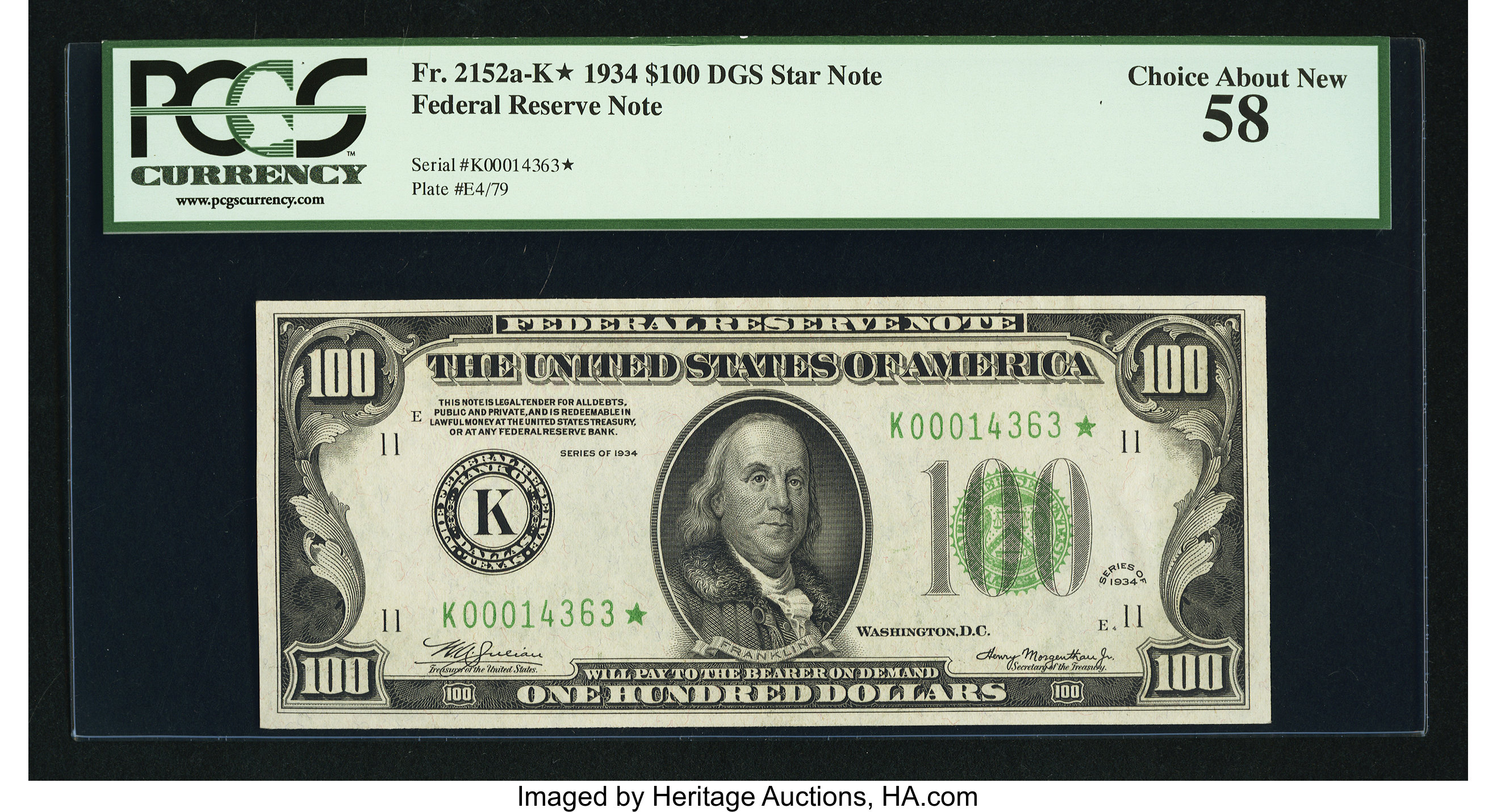 image for: Fr. 2152-K* $100 1934 Federal Reserve Note. PCGS Choice About New 58....