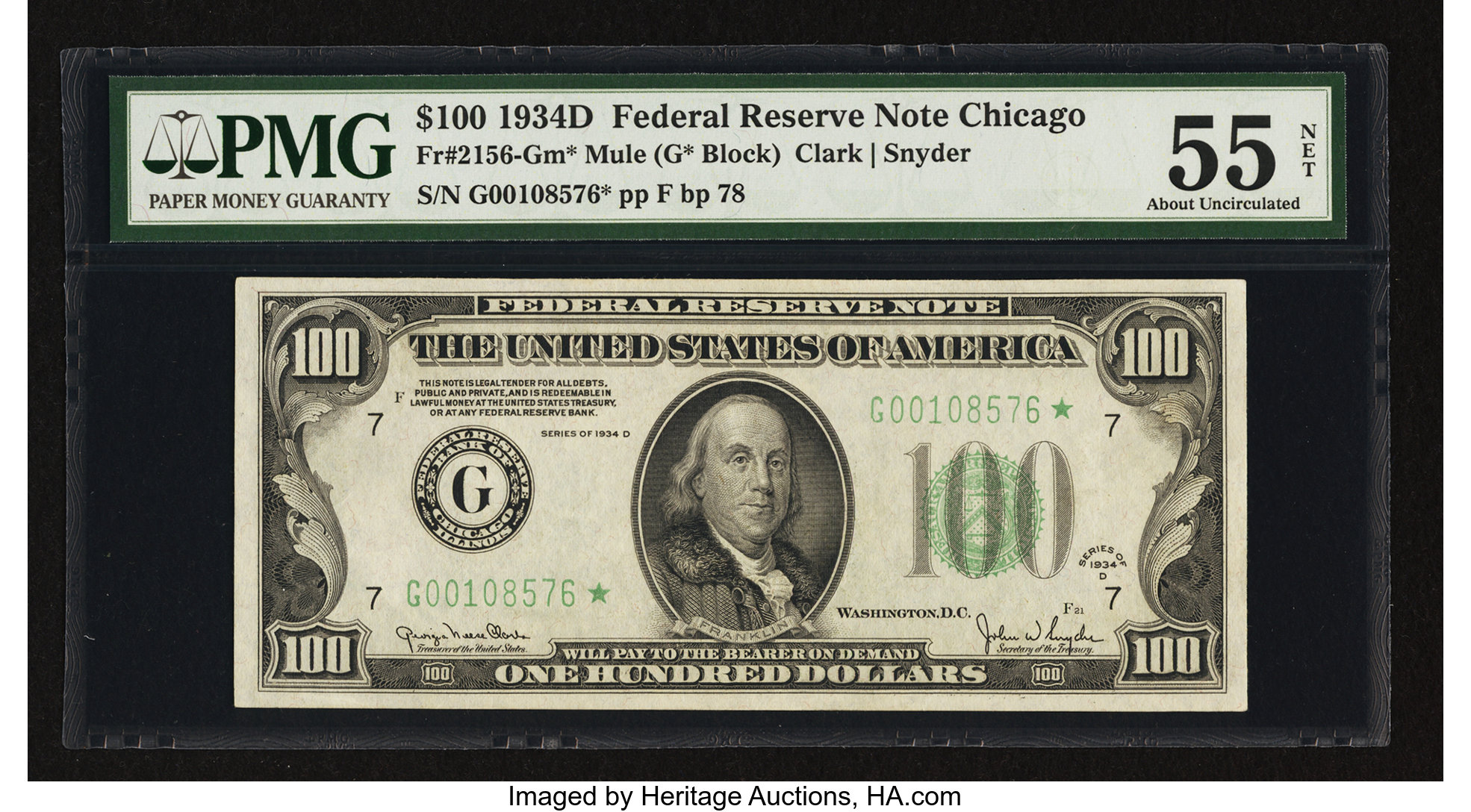 image for: Fr. 2156-G* $100 1934D Mule Federal Reserve Note. PMG About Uncirculated 55 Net....