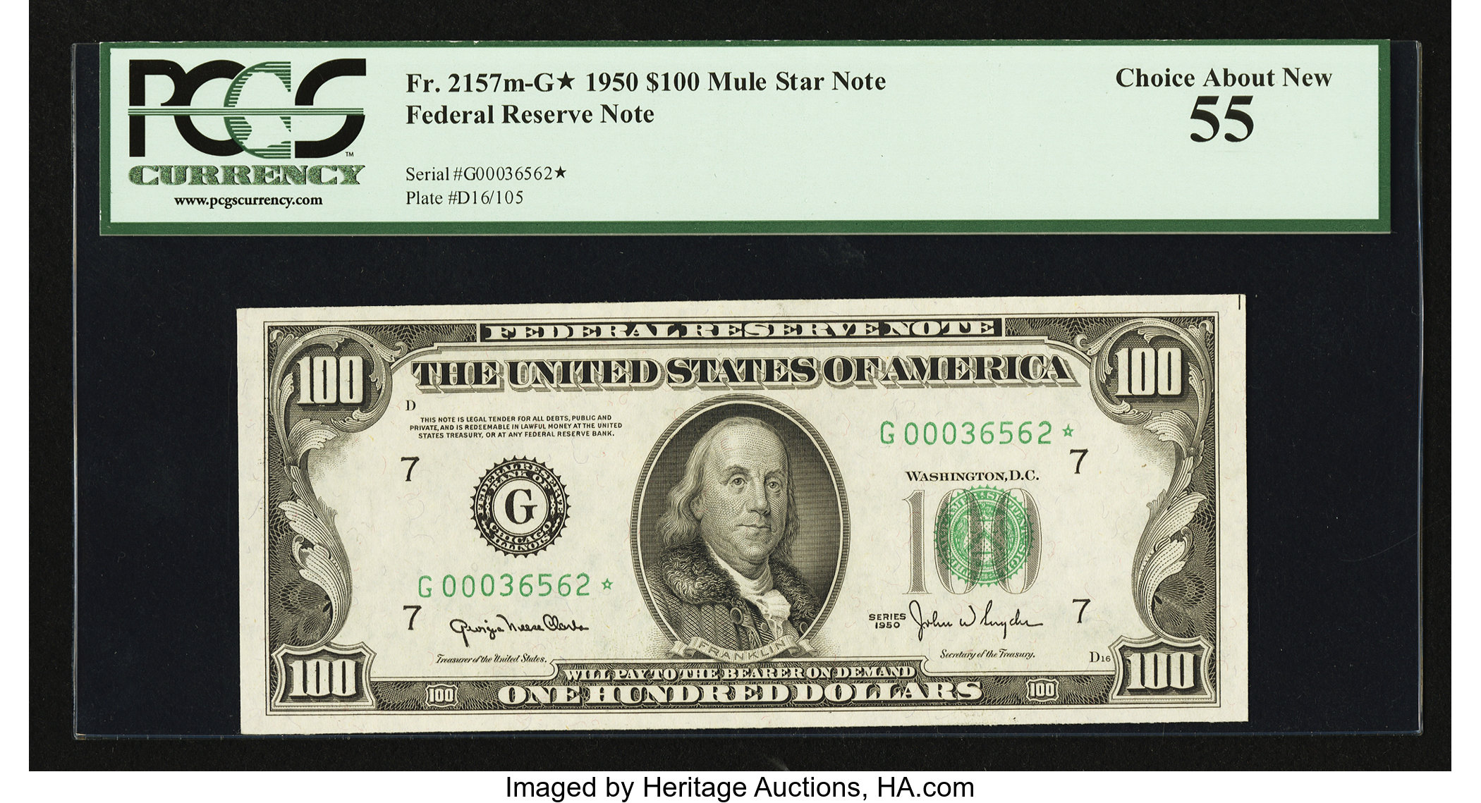 image for: Fr. 2157-G* $100 1950 Mule Federal Reserve Note. PCGS Choice About New 55....