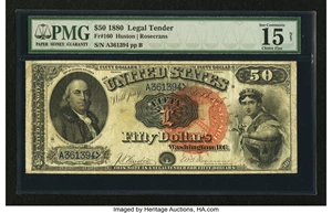 image for: Fr. 160 $50 1880 Legal Tender PMG Choice Fine 15 Net....