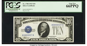 image for: Fr. 1700 $10 1933 Silver Certificate. PCGS Gem New 66PPQ....