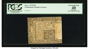 image for: Connecticut June 1, 1775 20s Uncancelled PCGS Apparent Extremely Fine 40....
