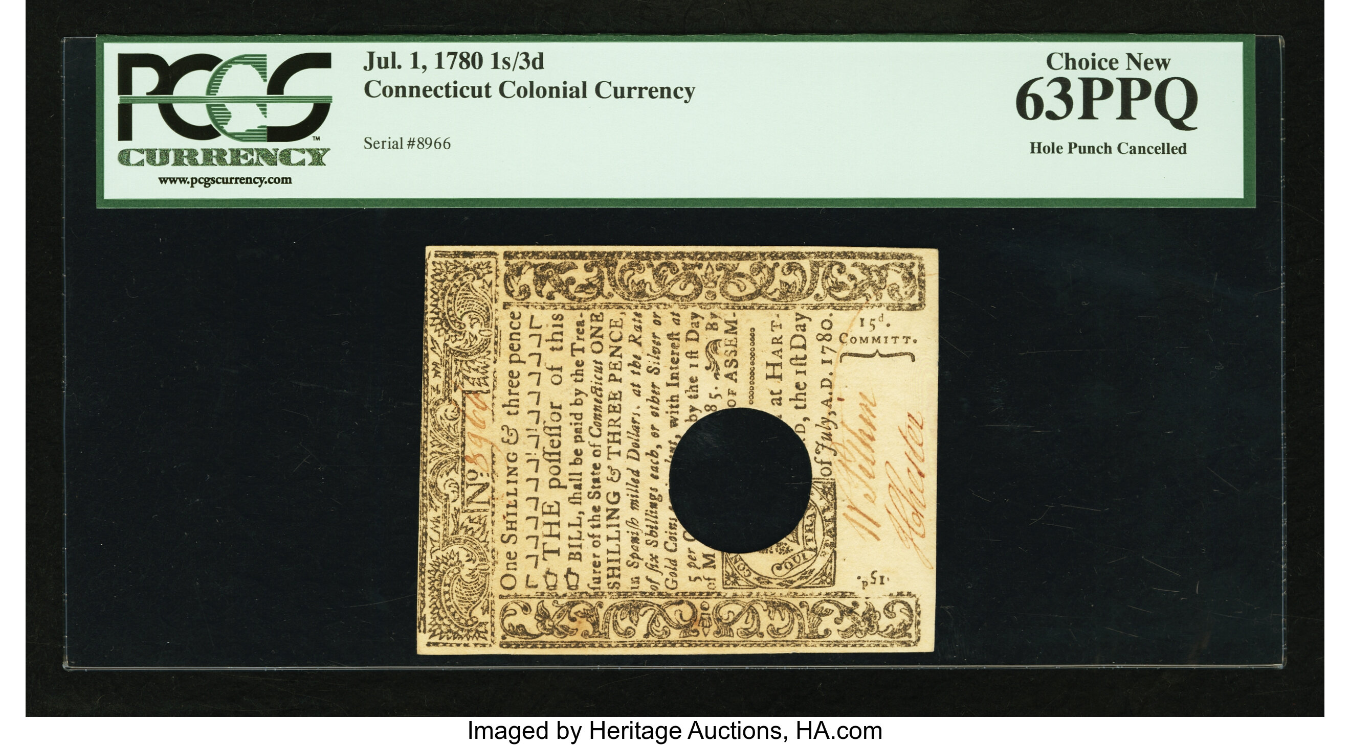 image for: Connecticut July 1, 1780 1s 3d Hole Cancel PCGS Choice New 63PPQ....