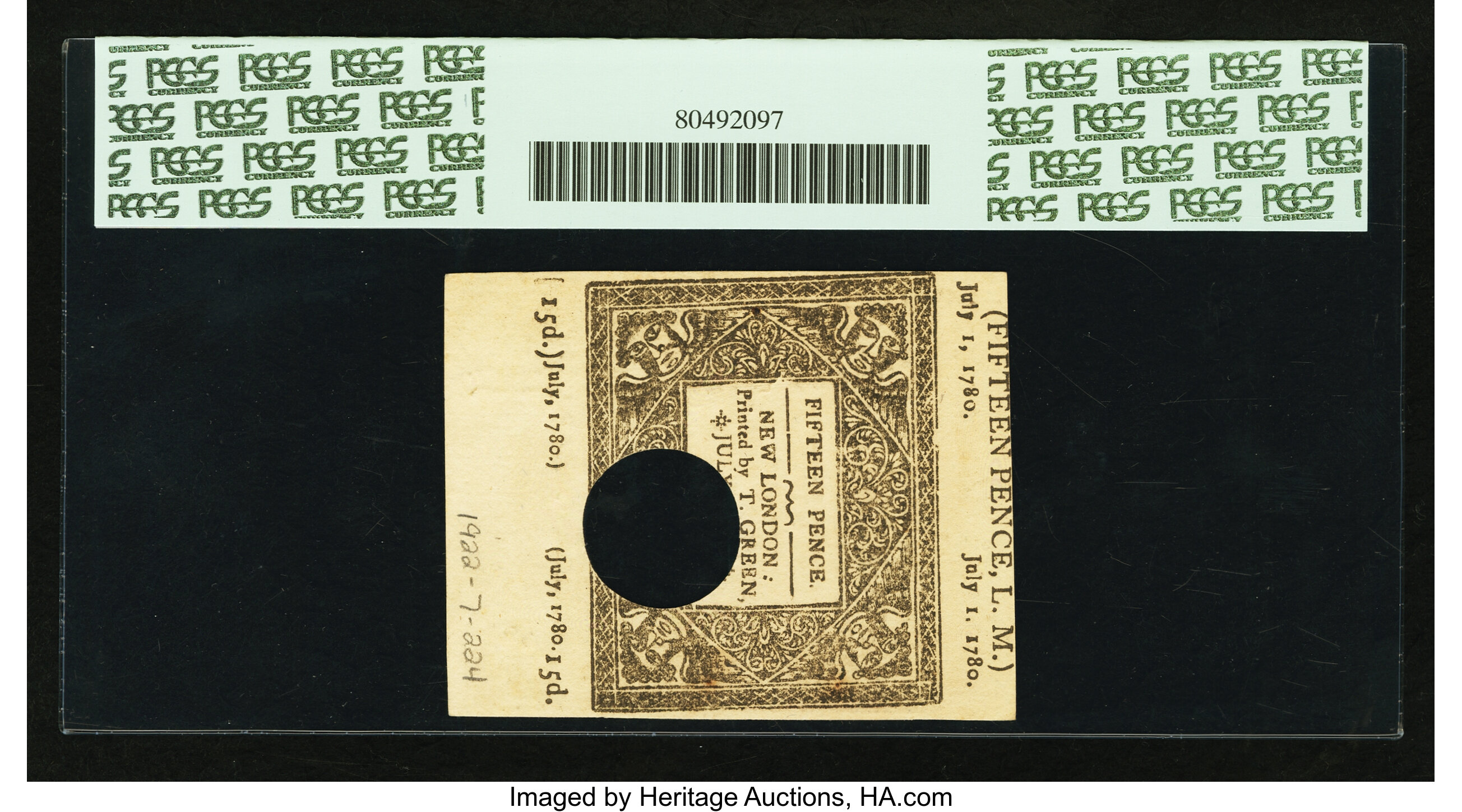 image for: Connecticut July 1, 1780 1s 3d Hole Cancel PCGS Choice New 63PPQ....