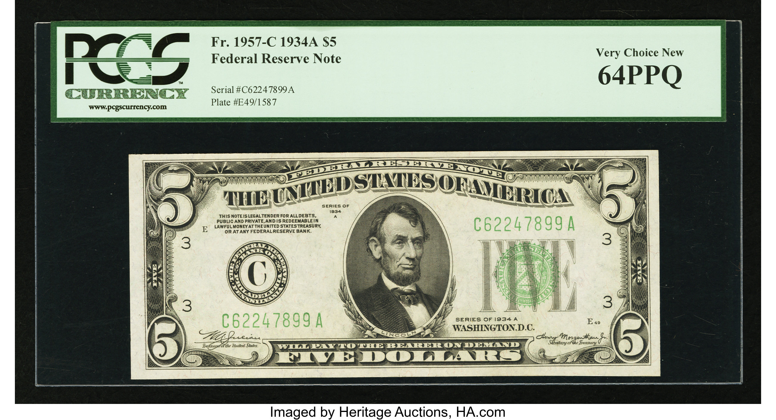 image for: Fr. 1957-C $5 1934A Federal Reserve Note. PCGS Very Choice New 64PPQ....