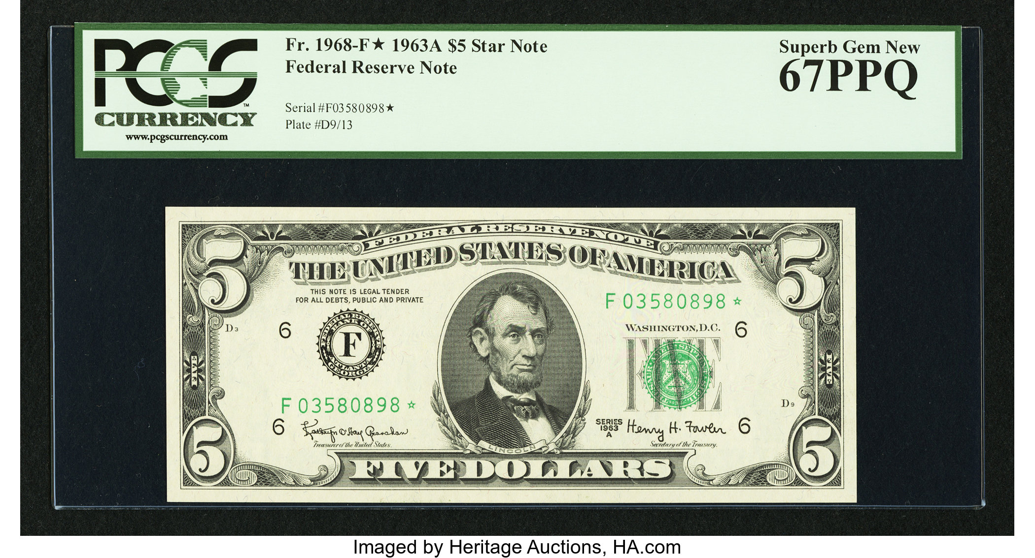 image for: Fr. 1968-F* $5 1963A Federal Reserve Note. PCGS Superb Gem New 67PPQ....