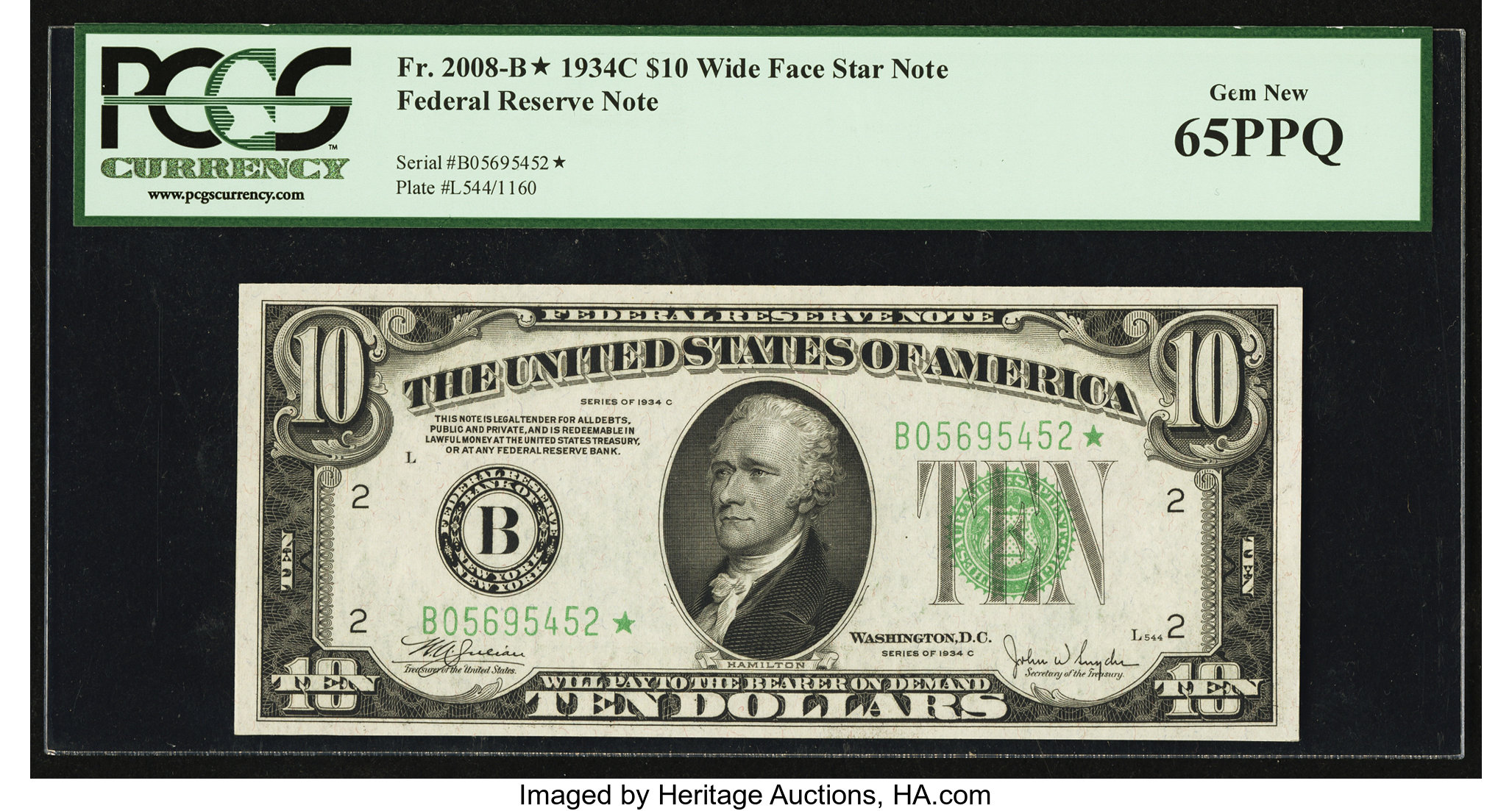 image for: Fr. 2008-B* $10 1934C Federal Reserve Note. PCGS Gem New 65PPQ....