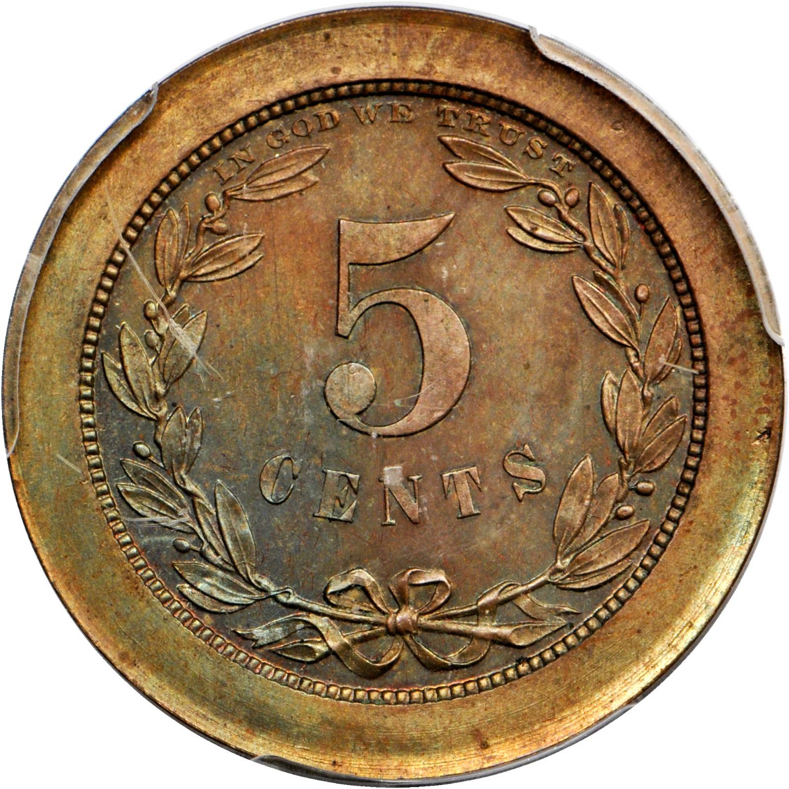 image for: 1868 Pattern Five-Cent Piece. Judd-627, Pollock-696. Rarity-7-. Copper. Plain Edge. Proof-64 BN (PCGS).