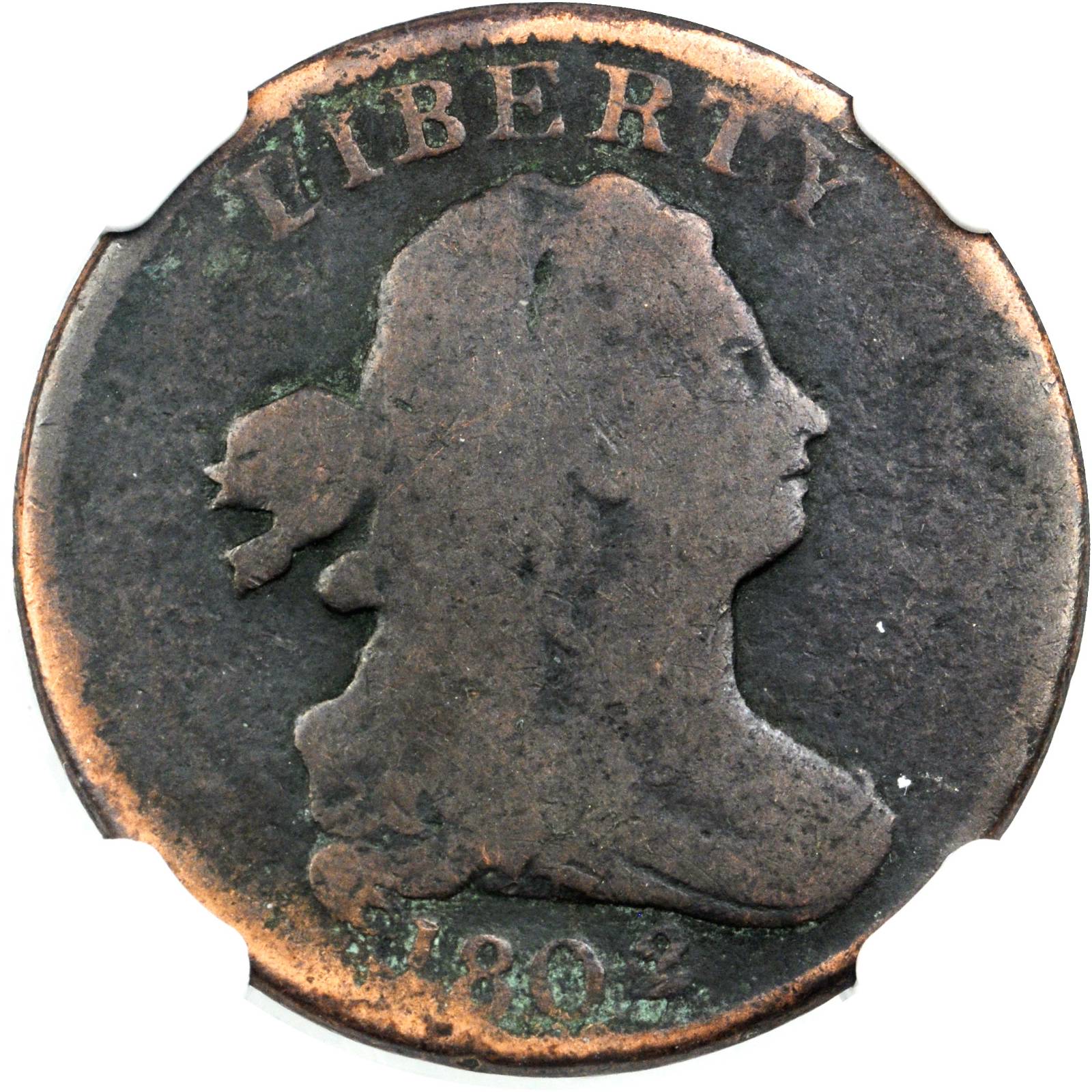 1802/0 Draped Bust Half Cent. C-2. Rarity-3. Second Reverse (a.k.a. Reverse of 1802). Good Details--Corrosion (NGC).