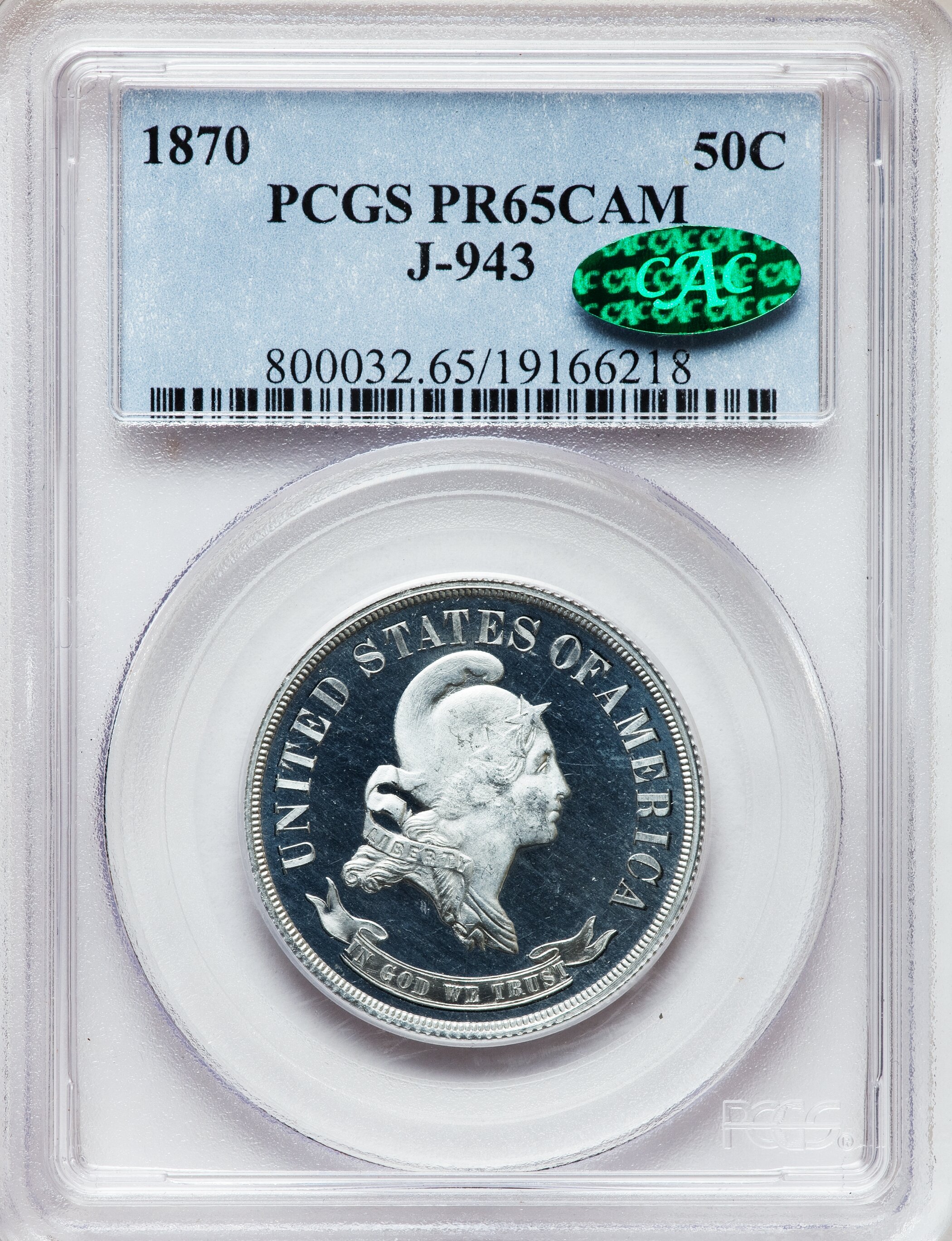 image for: 1870 50C Standard Silver Half Dollar, Judd-943, Pollock-1071, High R.7, PR65 Cameo PCGS. CAC....
