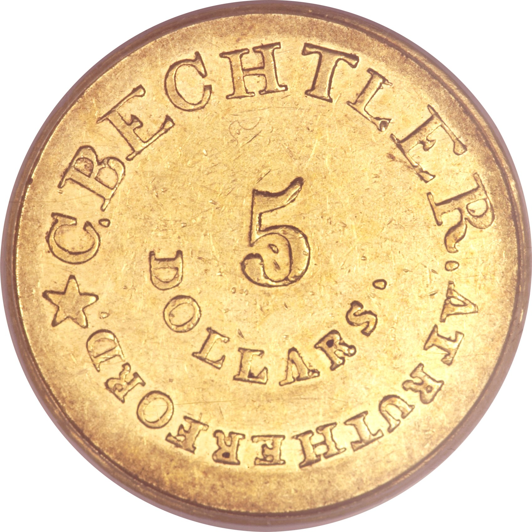 image for: (1837-42) $5 C. Bechtler Five Dollar, Colons Obverse AU55 PCGS. K-21, R.7....