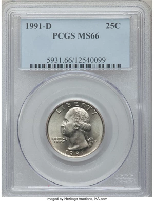 image for: 1991-D 25C MS66 PCGS. PCGS Population (78/3). NGC Census: (19/8). Mintage: 630,966,720. Numismedia Wsl. Price for problem f...