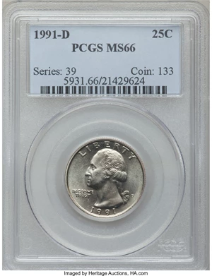 image for: 1991-D 25C MS66 PCGS. PCGS Population (78/3). NGC Census: (19/8). Mintage: 630,966,720. Numismedia Wsl. Price for problem f...