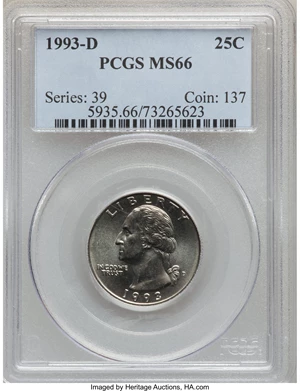 image for: 1993-D 25C MS66 PCGS. PCGS Population (115/6). NGC Census: (65/27). Mintage: 645,476,096. ...