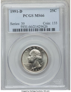image for: 1991-D 25C MS66 PCGS. PCGS Population (78/3). NGC Census: (19/8). Mintage: 630,966,720. Numismedia Wsl. Price for problem f...