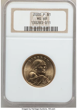 image for: 2000-P $1 Sacagawea MS69 NGC. NGC Census: (76/0). PCGS Population (4/0). Numismedia Wsl. Price for problem free NGC/PCGS c...