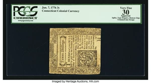 image for: Uncancelled Connecticut June 7, 1776 3s PCGS Apparent Very Fine 30....