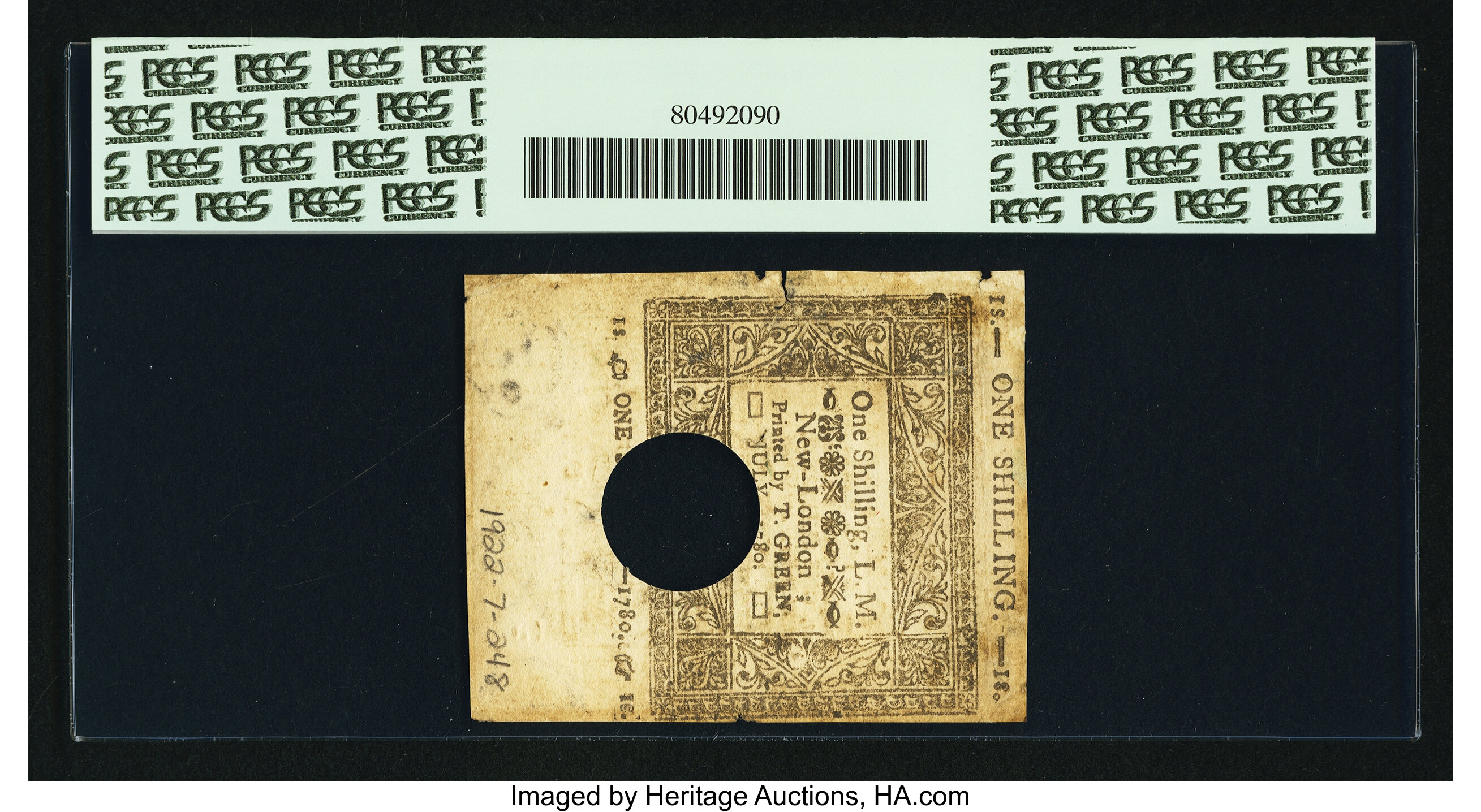 image for: Connecticut July 1, 1780 1s Hole Cancel PCGS Apparent Very Fine 30....