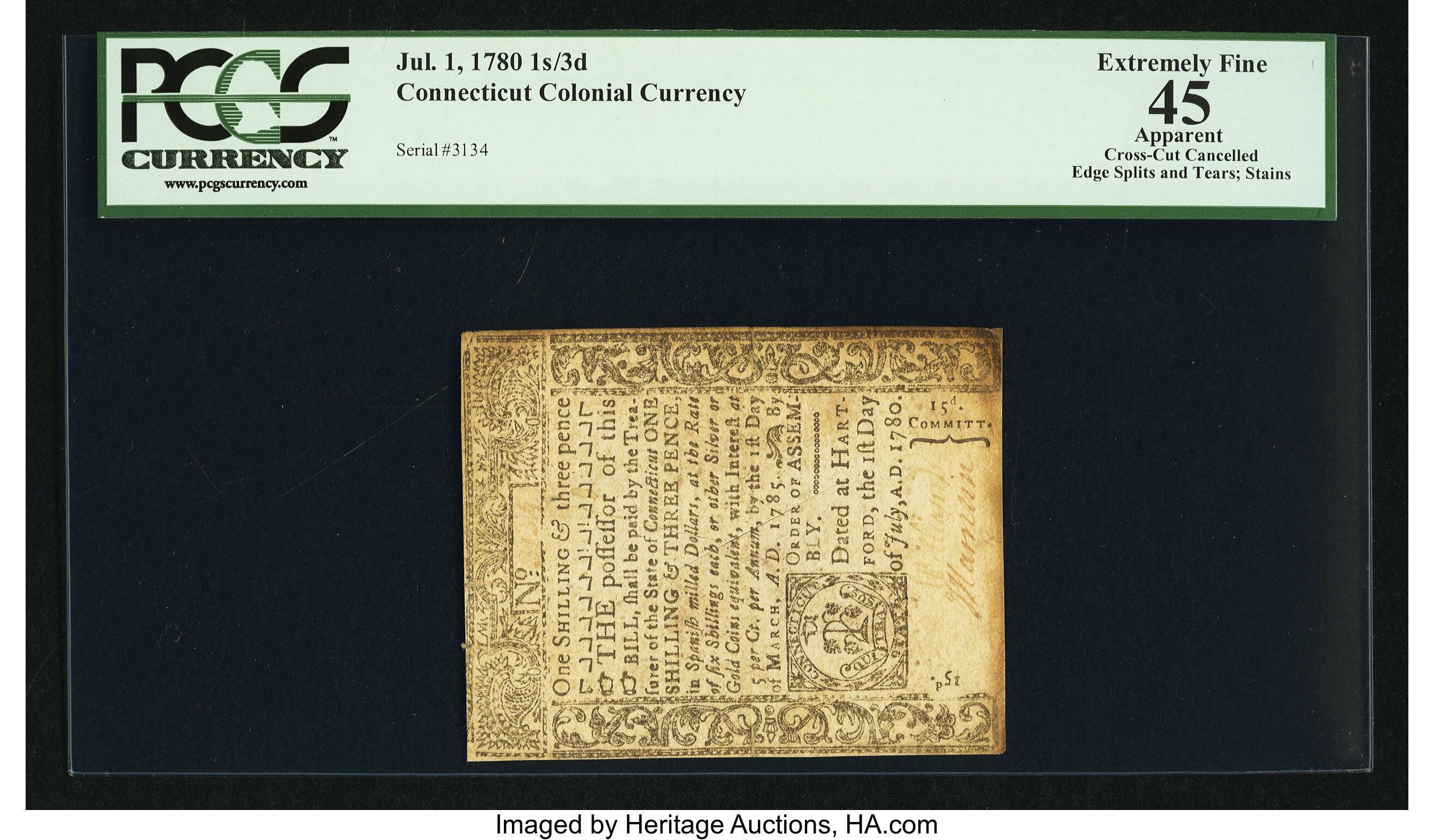 image for: Connecticut July 1, 1780 1s 3d Cross-Cut Cancel PCGS Apparent Extremely Fine 45....