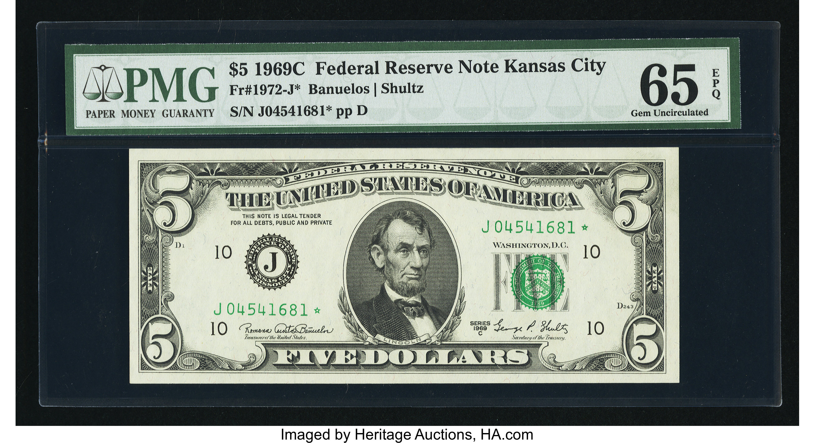 image for: Fr. 1972-J* $5 1969C Federal Reserve Note. PMG Gem Uncirculated 65 EPQ....