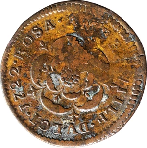 image for: 1722 Rosa Americana Halfpenny. Martin 1.1-A.1, W-1214. Rarity-5. VTILE DVLCI. Fine Details--Planchet Flaw (PCGS).