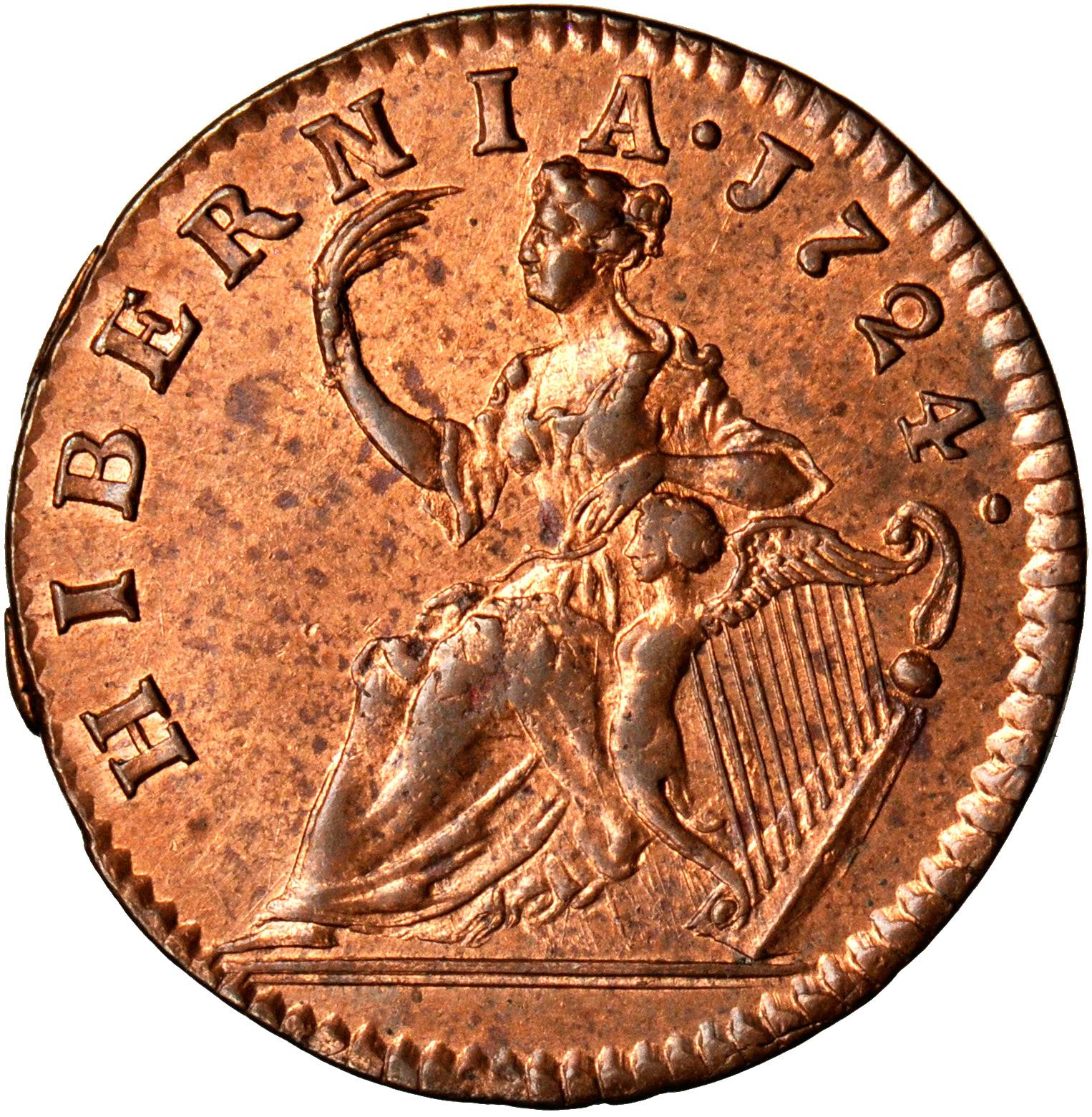 image for: 1724 Wood's Hibernia Halfpenny. Martin 4.51-K.4, W-13690. Rarity-2. MS-64 RB (PCGS).