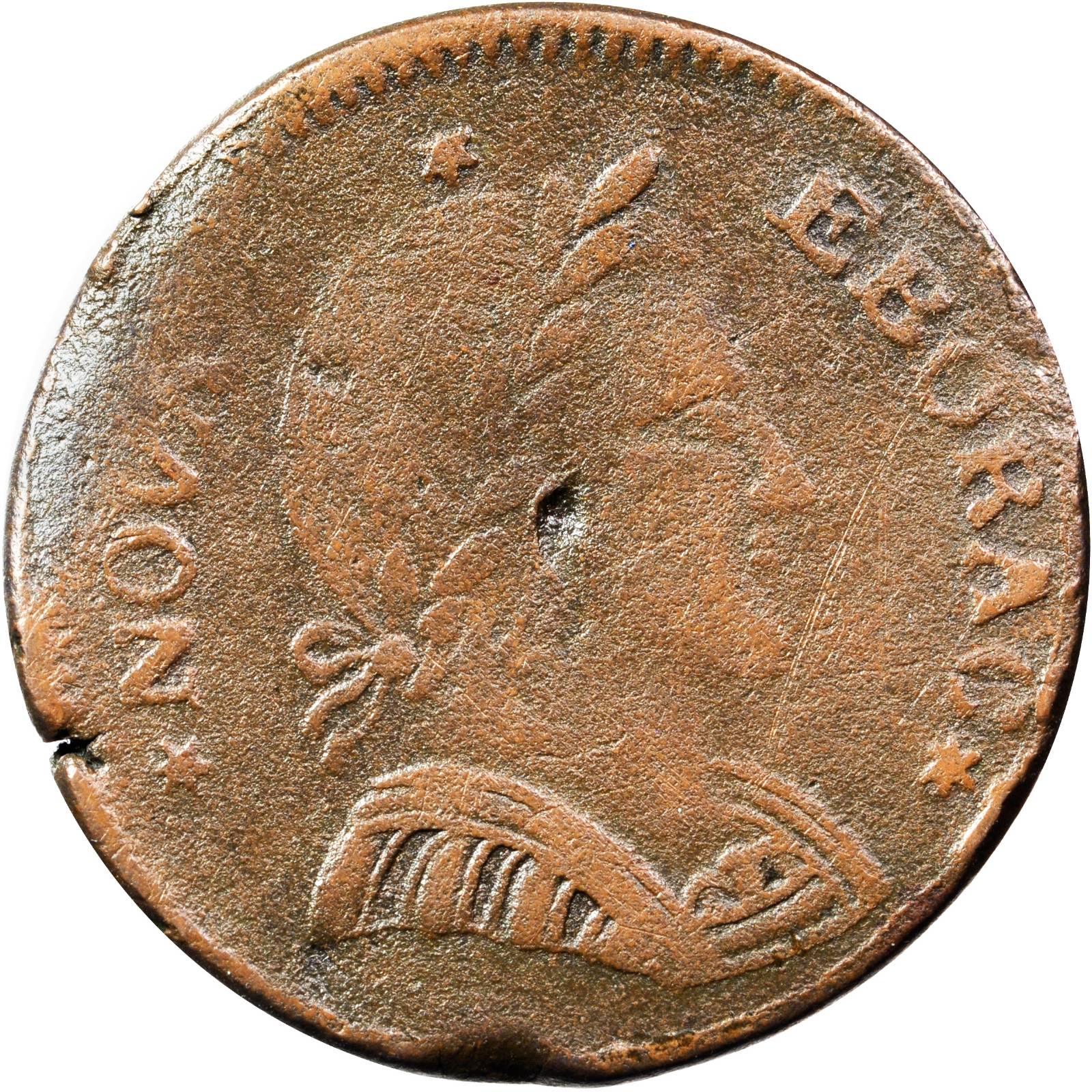 image for: 1787 Nova Eborac Copper. W-5765. Small Head. EF Details--Environmental Damage (PCGS).