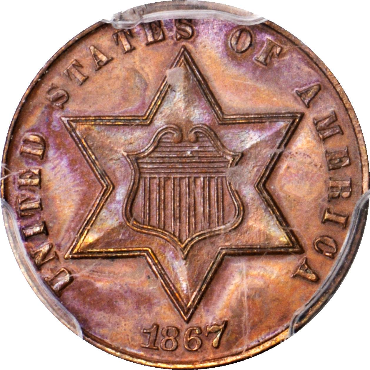 image for: 1867 Pattern Silver Three-Cent Piece. Judd-560, Pollock-621. Rarity-7+. Copper. Plain Edge. Proof-64 BN (PCGS). Secure Holder.