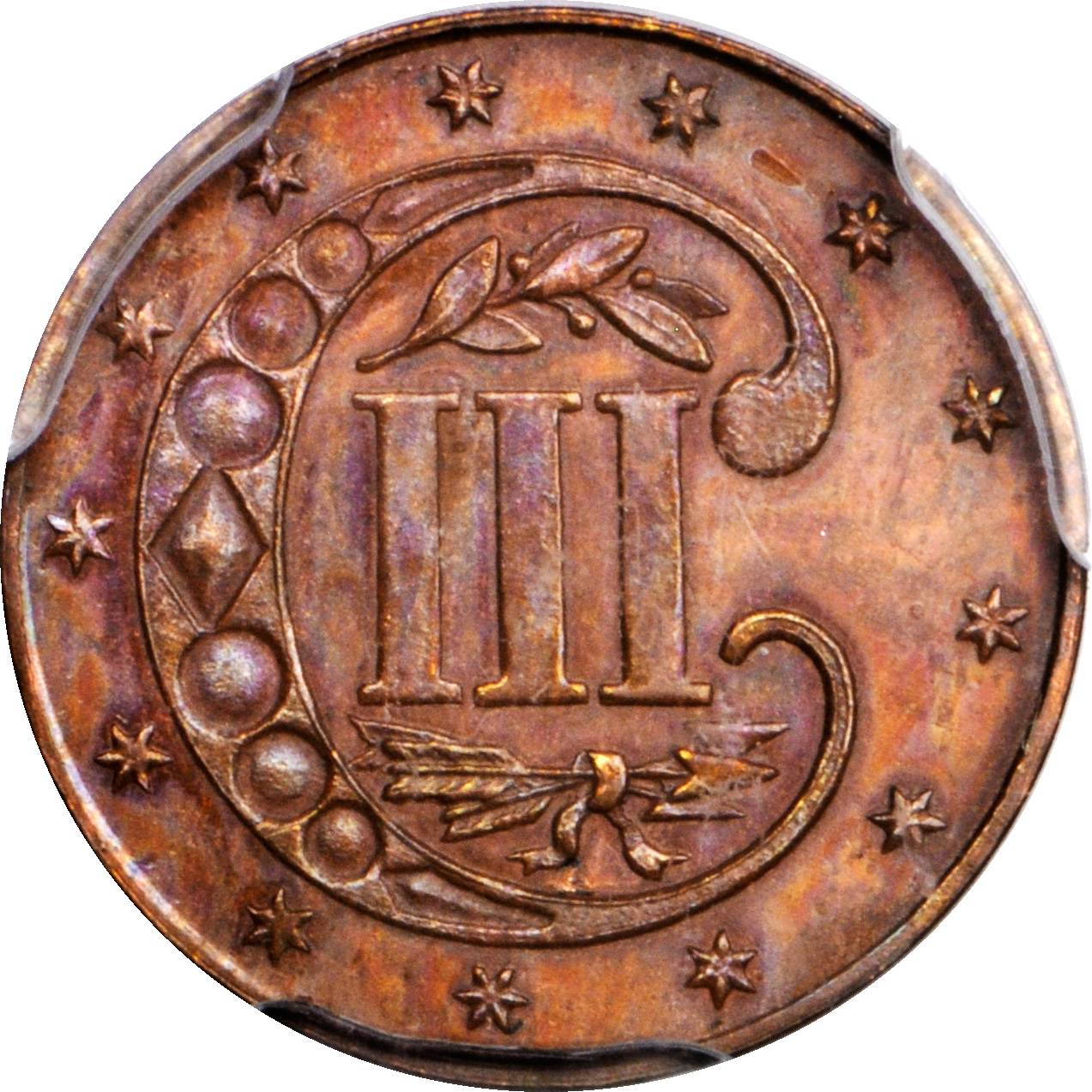 image for: 1867 Pattern Silver Three-Cent Piece. Judd-560, Pollock-621. Rarity-7+. Copper. Plain Edge. Proof-64 BN (PCGS). Secure Holder.