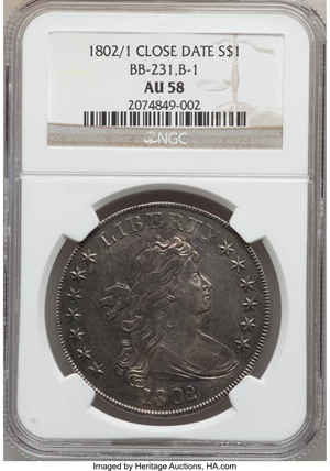 image for: 1802/1 $1 Narrow Date AU58 NGC. B-1, BB-231, R.4....