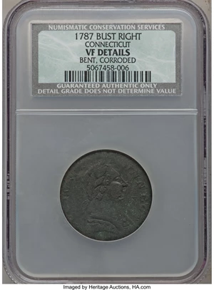 image for: 1787 COPPER INDE ET LIB Mailed Bust Right Connecticut Copper -- Bent, Corroded -- NCS. VF Details. NGC Census: (0/0). PCGS ...