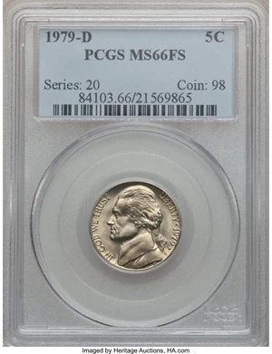 image for: 1979-D 5C MS66 Full Steps PCGS. PCGS Population (34/0). NGC Census: (4/0). Numismedia Wsl. Price for problem free NGC/PCGS...