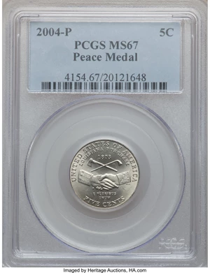 image for: 2004-P 5C Peace Medal MS67 PCGS. PCGS Population (75/8). NGC Census: (296/69). Numismedia Wsl. Price for problem free NGC/...