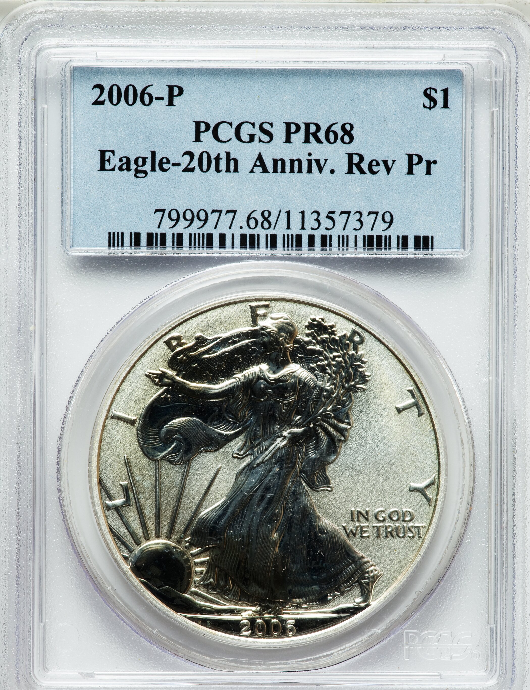 2006-P $1 Reverse Proof Silver Eagle, 20th Anniversary PR68 PCGS. PCGS Population (763/14302). NGC Census: (412/50597). Nu...