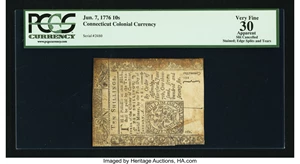 image for: Connecticut June 7, 1776 10s Slash Cancel PCGS Apparent Very Fine 30....