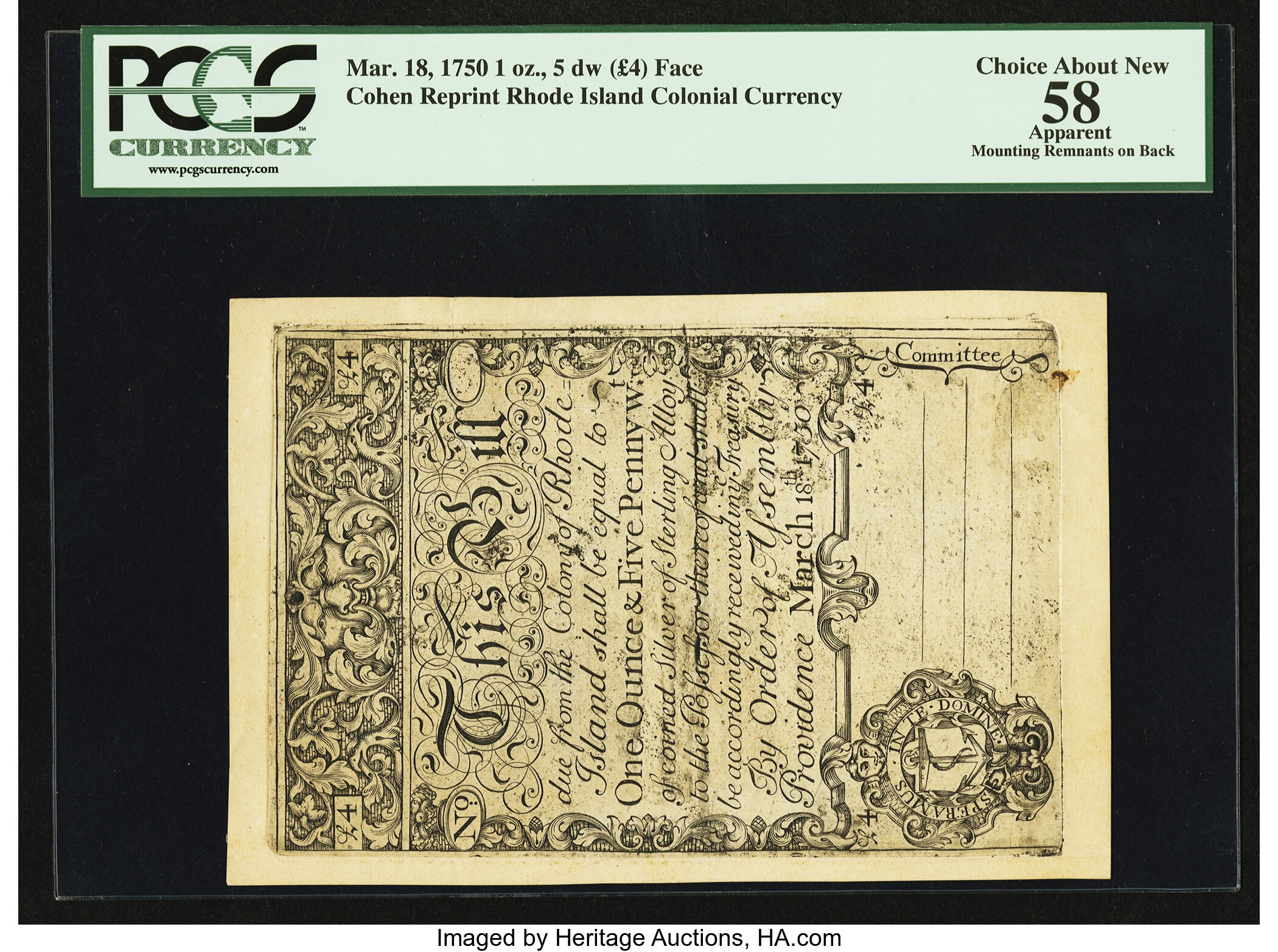 image for: Cohen Reprint Rhode Island March 18, 1750 1 Ounce 5 Pennyweight PCGS Apparent Choice About New 58....