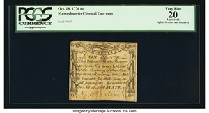 image for: Massachusetts October 18, 1776 6d PCGS Apparent Very Fine 20....