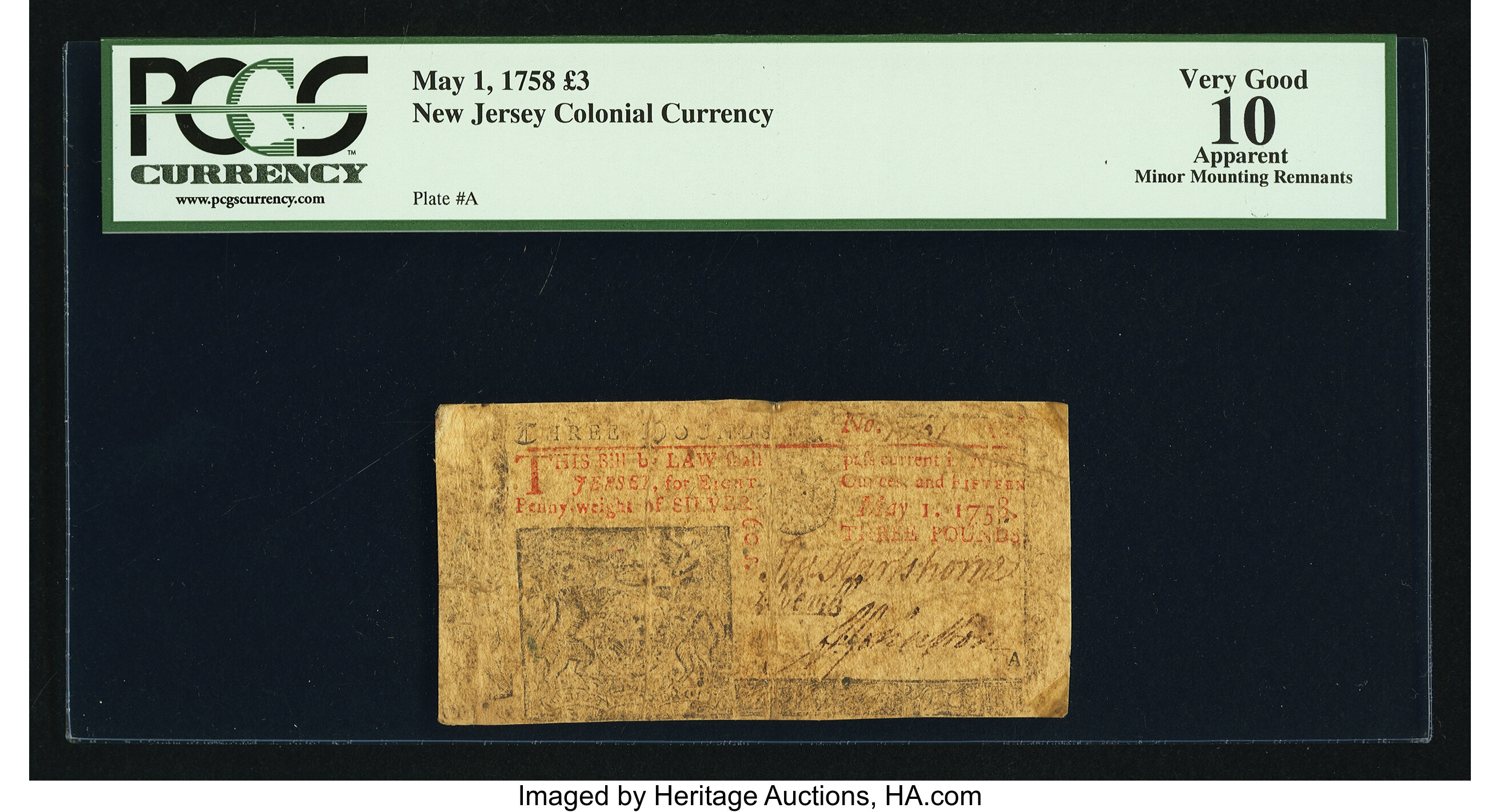 image for: New Jersey May 1, 1758 £3 PCGS Apparent Very Good 10....