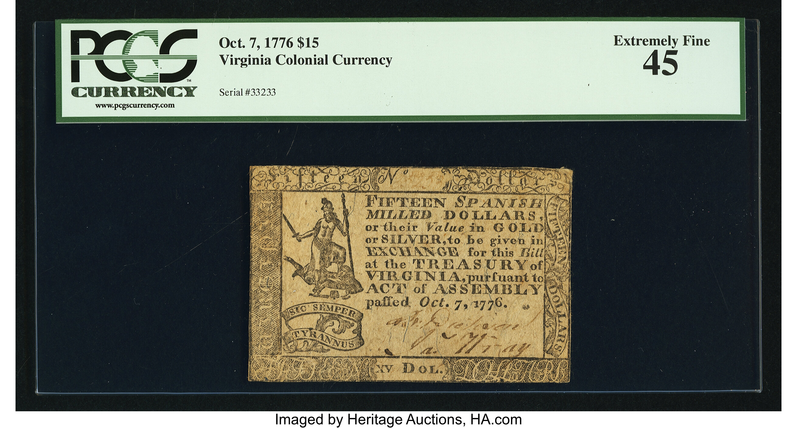 image for: Virginia October 7, 1776 $15 PCGS Extremely Fine 45....