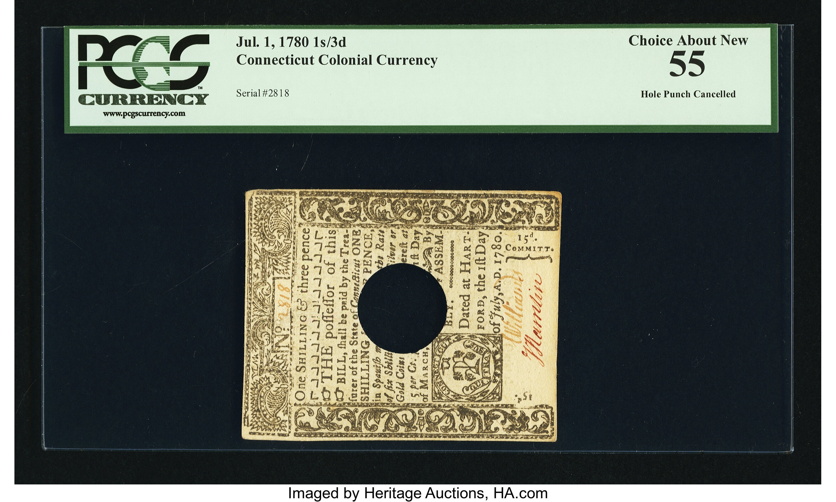 image for: Connecticut July 1, 1780 1s 3d Hole Cancel PCGS Choice About New 55....